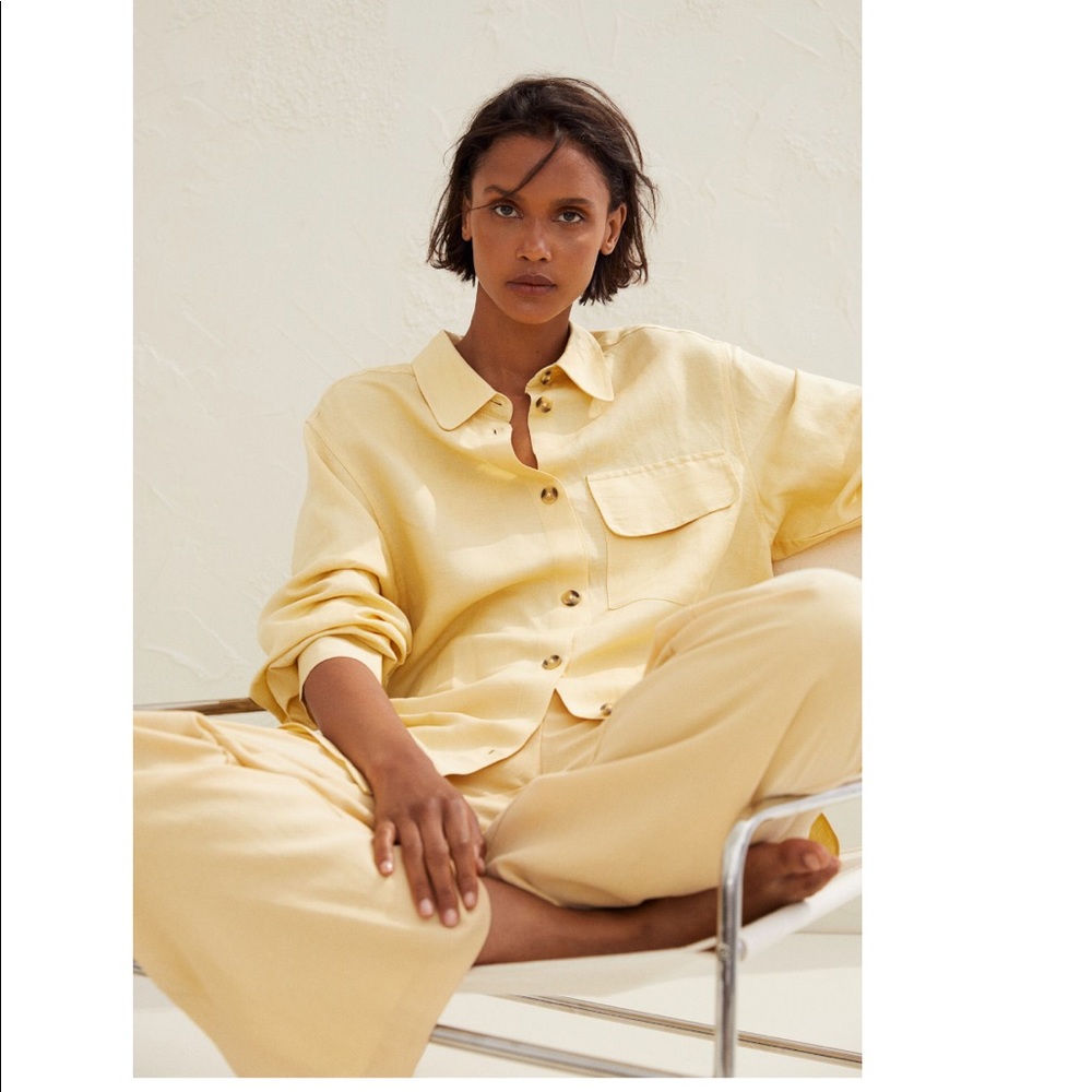 🔥NEW WITH TAGS LINEN BLEND OVERSIZED SUMMER SHIRT PASTEL YELLOW XS S 🔥